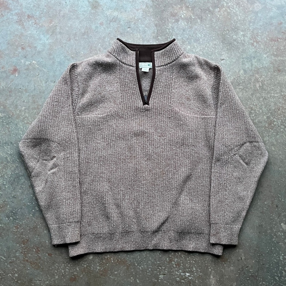 LL Bean Mens Large Merino Lambswool 1/4 Zip Sweater Oatmeal Elbow Patches 237808
